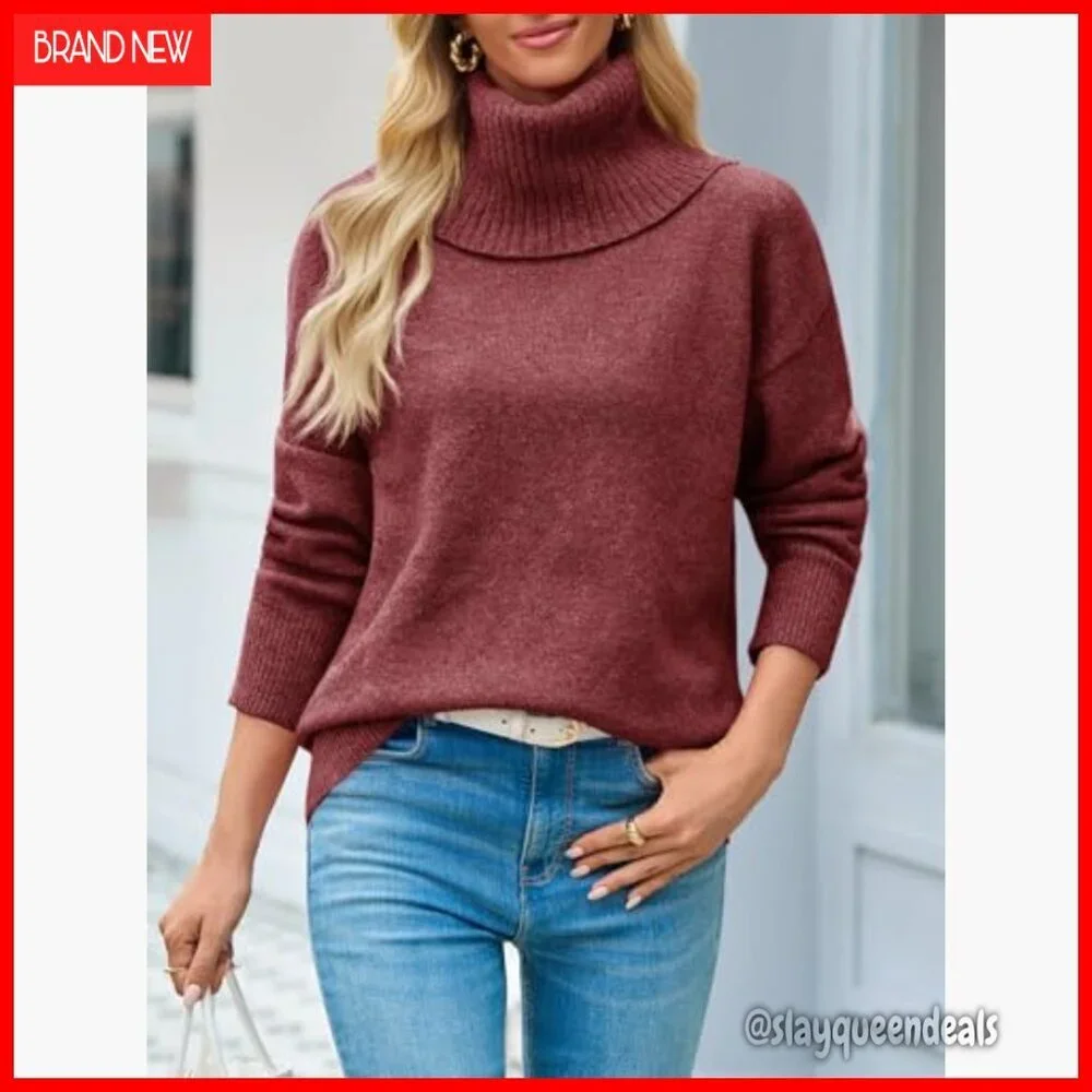 Soft Knit Turtleneck Pullover Sweater Loose Fit Long Sleeve Casual